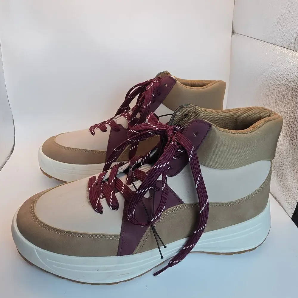 Maurices Women's 9.5 M High Top Sneakers Tan Burgundy Lace Up Casual Shoes